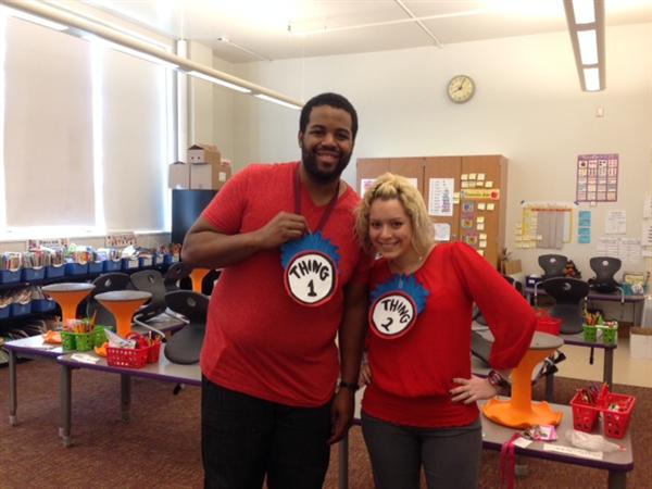 Teachers dressed as Thing 1 and Thing 2