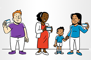 A cartoon of a group of people holding up insurance cards