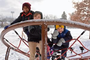 Students playing outside in winter 