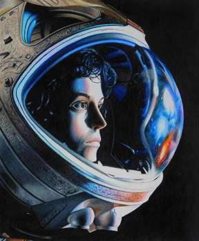 Colored pencil drawing of a woman wearing an astronaut helmet