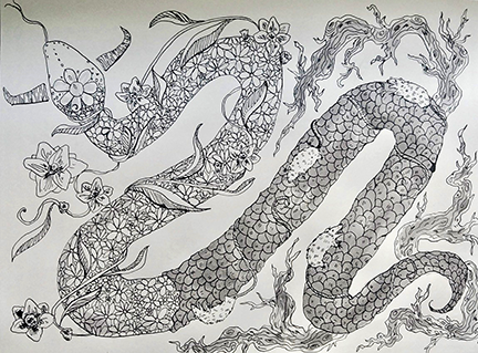 Black and white Ink on paper drawing of a snake with floral details as skin