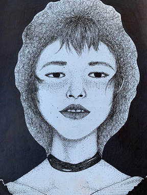 black and white drawing of a girl staring straight ahead