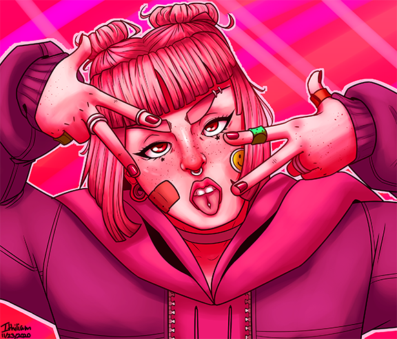 drawing of girl sticking her tongue out with finger in peace signs pointing down over her face in various shades of pink