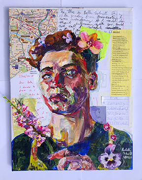 Self portrait painting with a collage made up of old letters and notes as the background