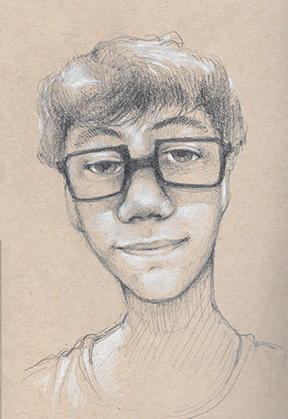 Graphite and soft pastel self portrait of young male with glasses