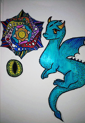 Marker drawing of a drago and colorful flower