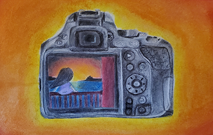 drawing of the back of a camera with a girl overlooking the ocean on the screen