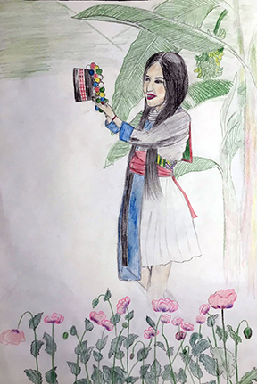 colored pencil drawing of a girl is wearing traditional Hmong clothes