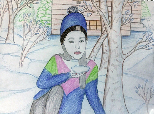 colored pencil drawing of a woman standing outside in Hmong clothing holding snow.