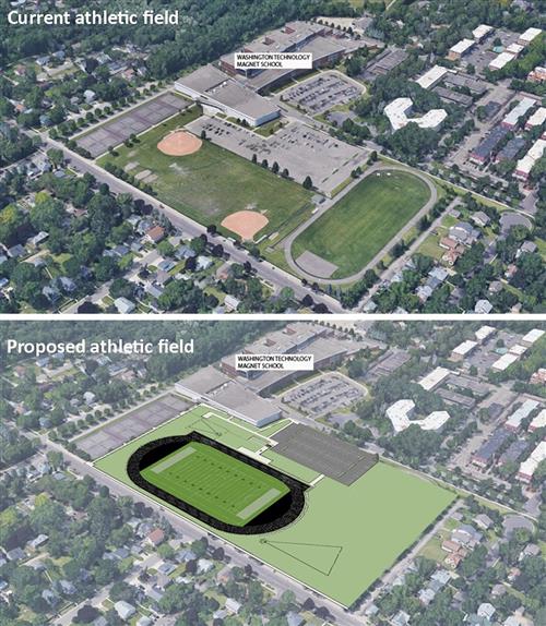 Aerial views of the current and proposed athletic field at Washington Technology Magnet 