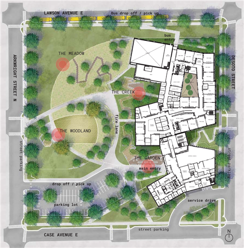 Overhead view of new school and landscaped areas