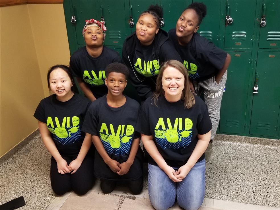 Ms. Hart is pictured with several AVID students from the 2018-19 school year.