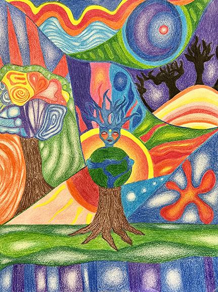 Colorful pencil drawing of a boy holding the earth in his hands