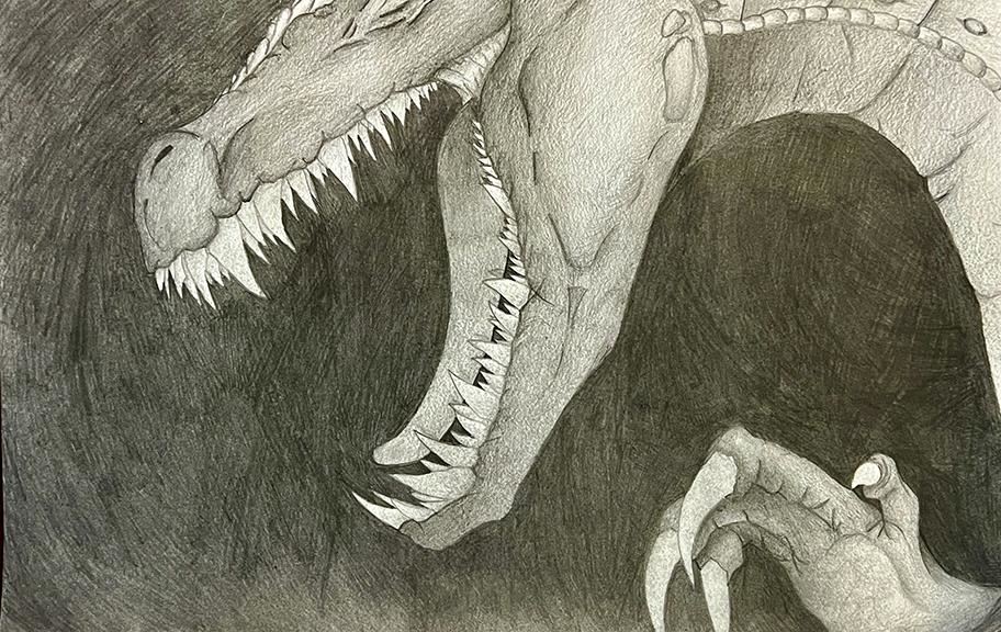 Closeup pencil drawing of a T-Rex mouth and claw