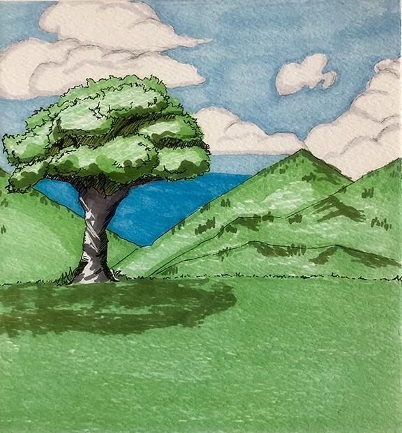 Color marker drawing of a green tree in front of green mountains