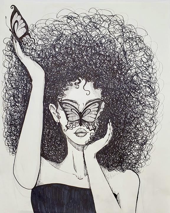 Pen and graphite drawing of a woman with a butterfly over her eyes