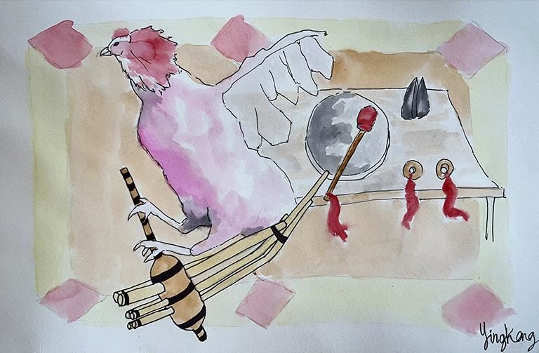 Watercolor painting of Shaman paper, chicken and a Hmong musical instrument