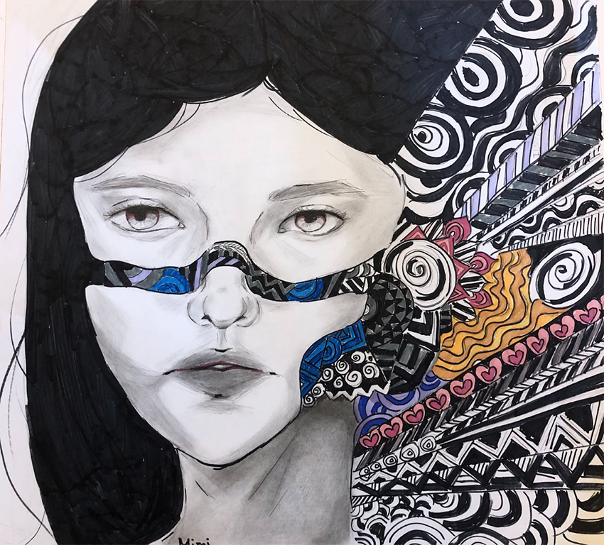 Pencil and marker drawing of a girl with background patterns