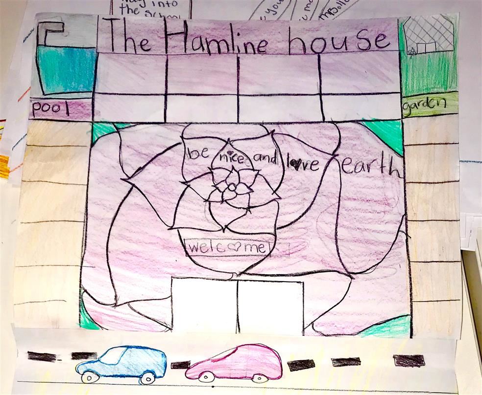 A drawing that says "The Hamline House" and "be nice and love earth" with a pink flower and colorful cars.