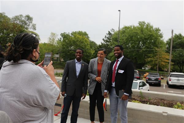 From left: Mayor Melvin Carter, Jocelyn Mann (student/junior), Principal Abdirizak Abdi
