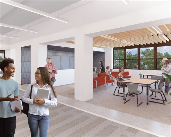 Rendering of middle school's flexible learning space with inclusive restrooms in the background